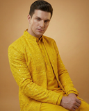 Semi Indo Yellow – Machine Embroidery Plain Front Open Indo, Kurta & Pant