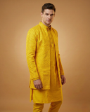 Semi Indo Yellow – Machine Embroidery Plain Front Open Indo, Kurta & Pant
