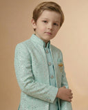 Kid's Indo Western Sea Green – Machine Embroidery Front Open Indo Jacket & Pant