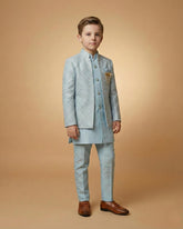 Kid's Indo Western Icy Blue – Machine Embroidery Front Open Indo Jacket & Pant