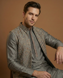 Semi Indo Grey – Machine Embroidery Plain Front Open Half Sleeves Indo, Kurta & Pant