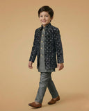 Kid's Indo Western Navy Blue – Velvet Embroidery Front Open Indo Jacket & Pant
