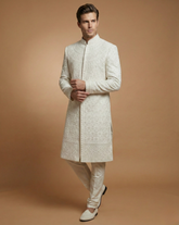 Premium Cream Maroon Sherwani with Collar Button Work