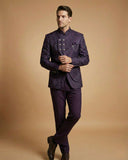 Purple Imported Jacquard Self-Print Jodhpuri Suit
