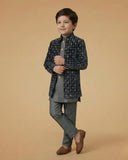 Kid's Indo Western Navy Blue – Velvet Embroidery Front Open Indo Jacket & Pant