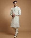 Premium Cream Maroon Sherwani with Collar Button Work