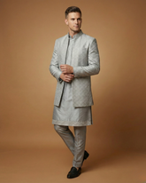 Semi Indo Silver Grey – Jacquard Plain Front Open Indo, Kurta & Pant