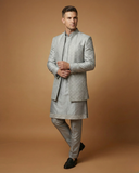 Semi Indo Silver Grey – Jacquard Plain Front Open Indo, Kurta & Pant