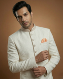 Elegant Cream Sherwani with Fine Stone Touch-Up Work