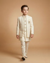 Kid's Indo Western Fawn – Velvet Embroidery Front Open Indo Jacket & Pant