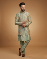 Semi Indo Pista – Machine Embroidery Printed Front Open Indo, Kurta & Pant