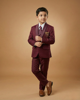 Kid's Suit Maroon – Japanese Self Print Tuxedo Blazer, Waistcoat, Shirt, Tie & Pant