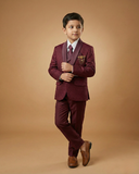 Kid's Suit Maroon – Japanese Self Print Tuxedo Blazer, Waistcoat, Shirt, Tie & Pant