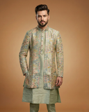 Semi Indo Pista – Machine Embroidery Printed Front Open Indo, Kurta & Pant