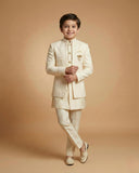Kid's Indo Western Fawn – Velvet Embroidery Front Open Indo Jacket & Pant
