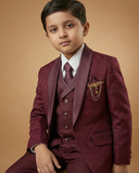 Kid's Suit Maroon – Japanese Self Print Tuxedo Blazer, Waistcoat, Shirt, Tie & Pant
