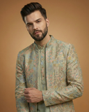 Semi Indo Pista – Machine Embroidery Printed Front Open Indo, Kurta & Pant