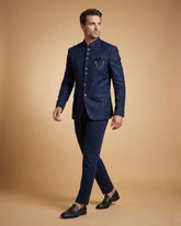 Navy Blue Machine Embroidery Jodhpuri Suit