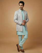 Semi Indo Sea Green – Jacquard Self Print Front Open Indo, Kurta & Pant