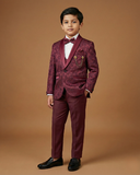 Kid's Suit Maroon – Japanese Self Print Tuxedo Blazer, Waistcoat, Shirt, Bow Tie & Pant