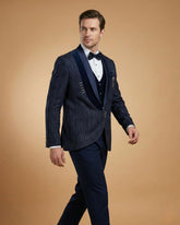 Men's Suit Navy Blue – Machine Embroidery Plain Tuxedo Blazer, Waistcoat, Shirt, Bow Tie & Pant