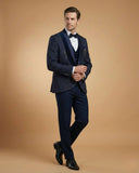 Men's Suit Navy Blue – Machine Embroidery Plain Tuxedo Blazer, Waistcoat, Shirt, Bow Tie & Pant