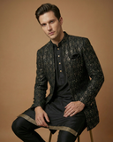 Semi Indo Black – Machine Embroidery Plain Front Open Indo, Kurta & Pant