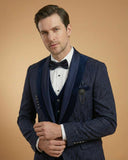 Men's Suit Navy Blue – Machine Embroidery Plain Tuxedo Blazer, Waistcoat, Shirt, Bow Tie & Pant