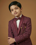 Kid's Suit Maroon – Japanese Self Print Tuxedo Blazer, Waistcoat, Shirt, Bow Tie & Pant