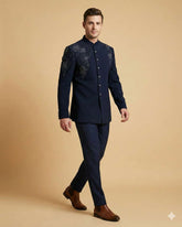 Navy Blue Machine Embroidery Front Open Jodhpuri Suit