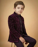 Kid's Indo Western Wine – Rich Velvet Embroidery Front Open Indo Jacket & Pant