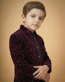 Kid's Indo Western Wine – Rich Velvet Embroidery Front Open Indo Jacket & Pant