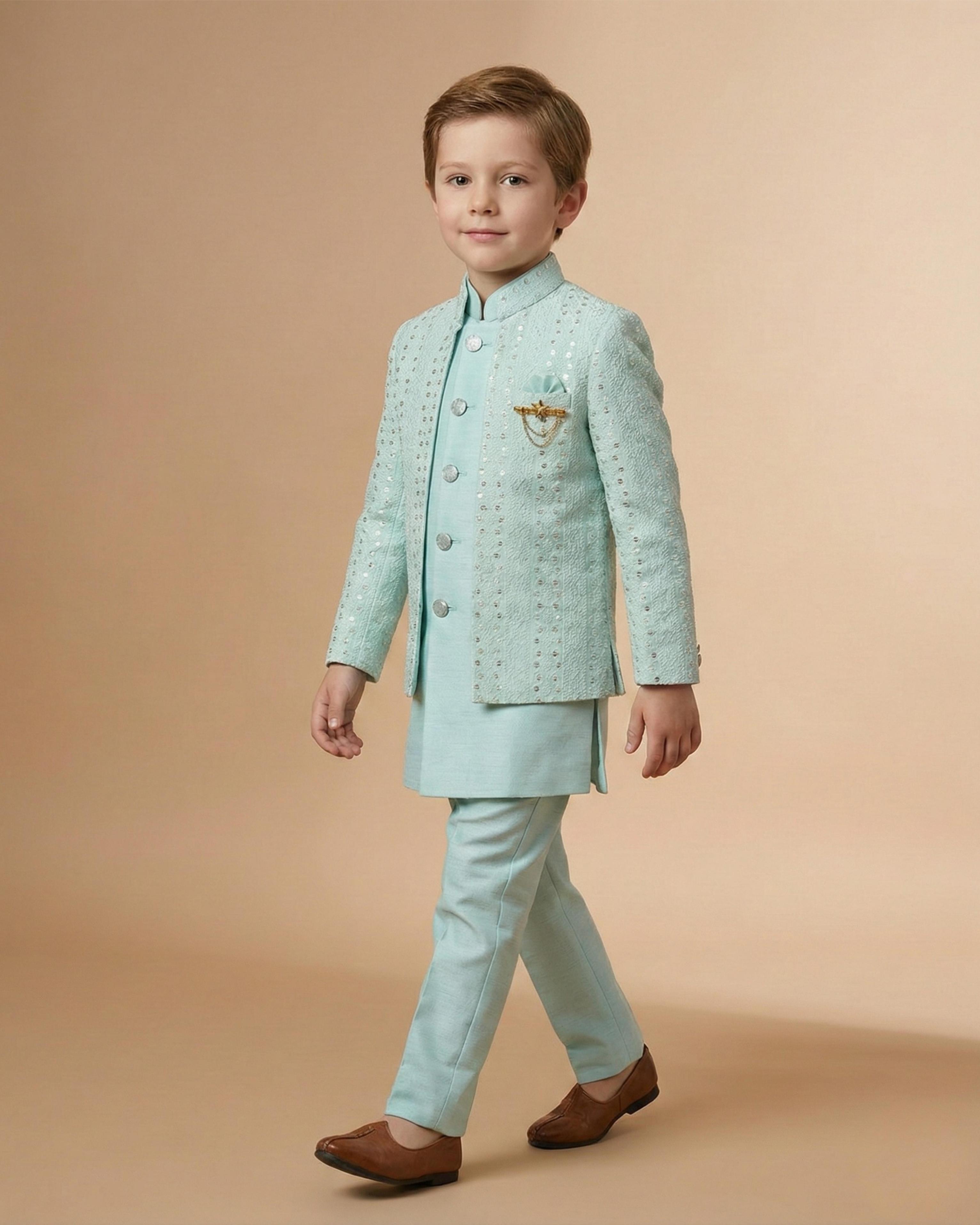 Kid's Indo Western Sea Green – Machine Embroidery Front Open Indo Jacket & Pant