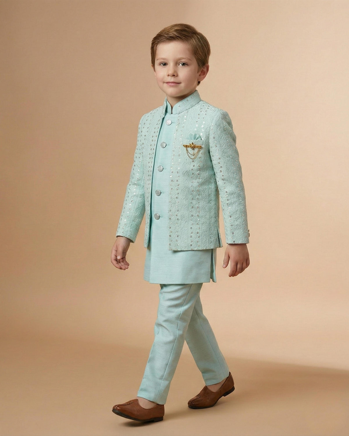 Kid's Indo Western Sea Green – Machine Embroidery Front Open Indo Jacket & Pant