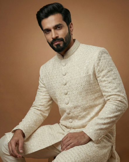 Royal Cream Sherwani with Collar Button Work