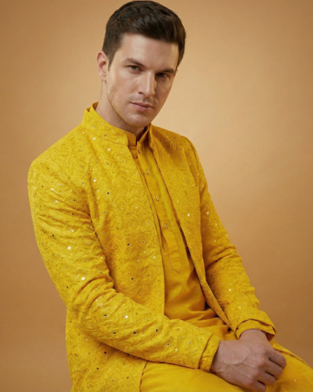 Semi Indo Yellow – Machine Embroidery Plain Front Open Indo, Kurta & Pant