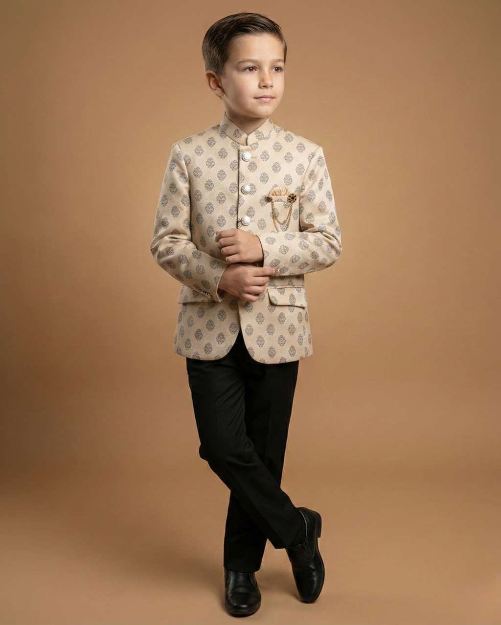Kid's Jodhpuri Suit Fawn – Jacquard Self Print Straight Suit & Pant