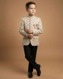Kid's Jodhpuri Suit Fawn – Jacquard Self Print Straight Suit & Pant