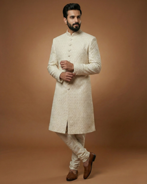 Royal Cream Sherwani with Collar Button Work