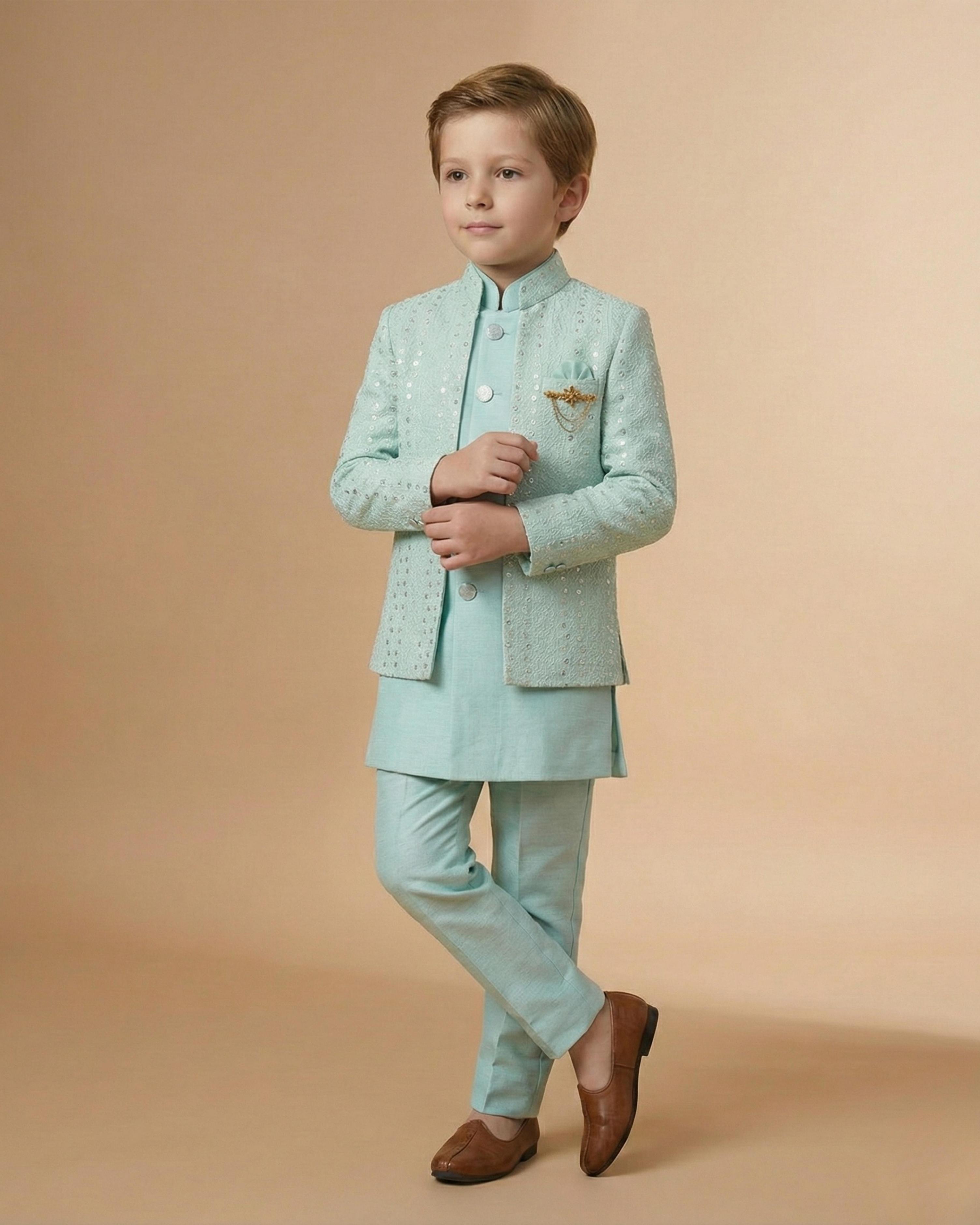Kid's Indo Western Sea Green – Machine Embroidery Front Open Indo Jacket & Pant