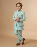 Kid's Indo Western Sea Green – Machine Embroidery Front Open Indo Jacket & Pant