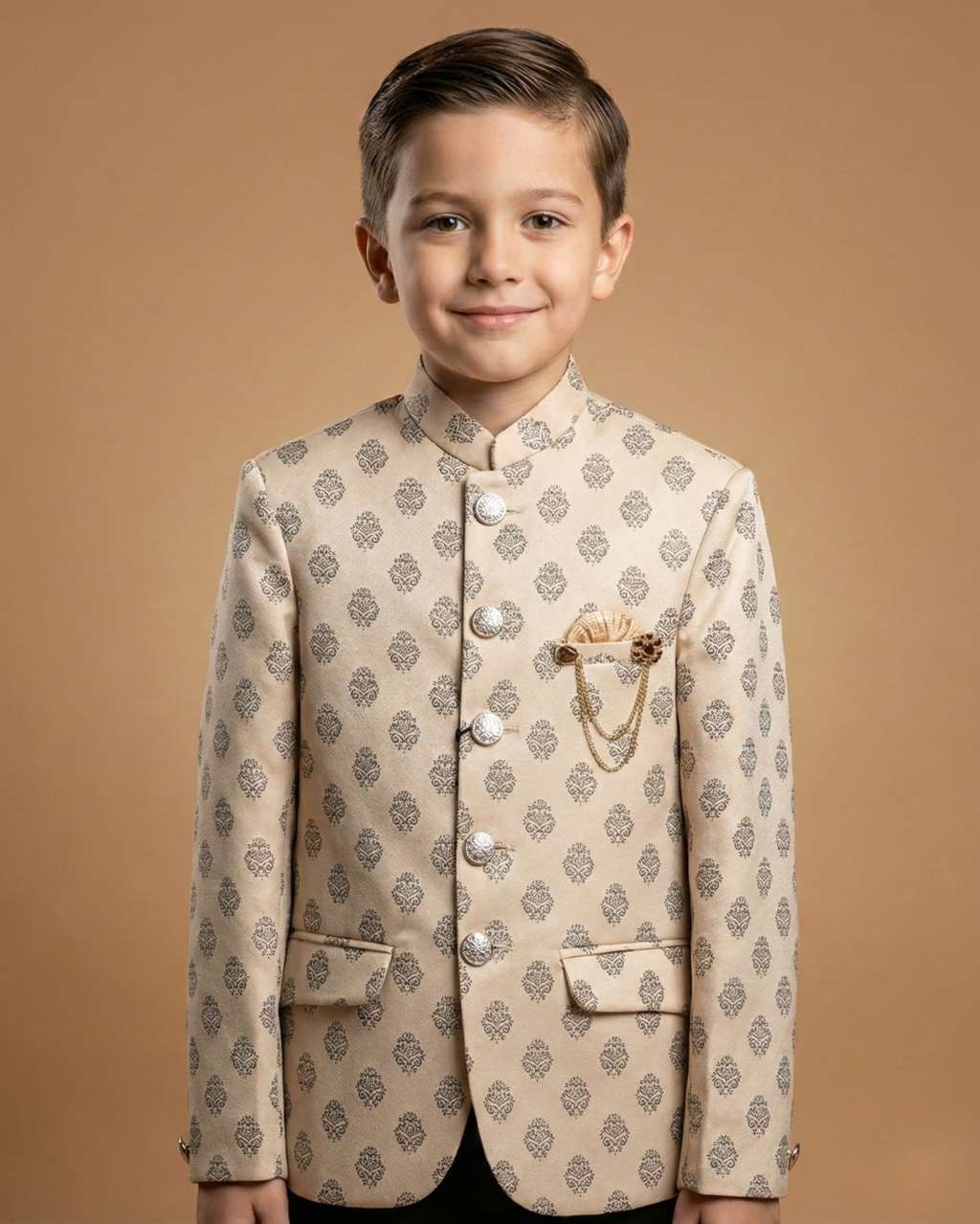 Kid's Jodhpuri Suit Fawn – Jacquard Self Print Straight Suit & Pant