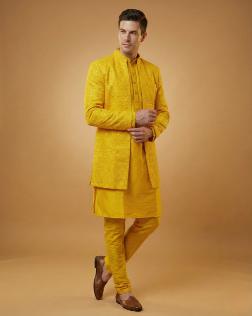 Semi Indo Yellow – Machine Embroidery Plain Front Open Indo, Kurta & Pant