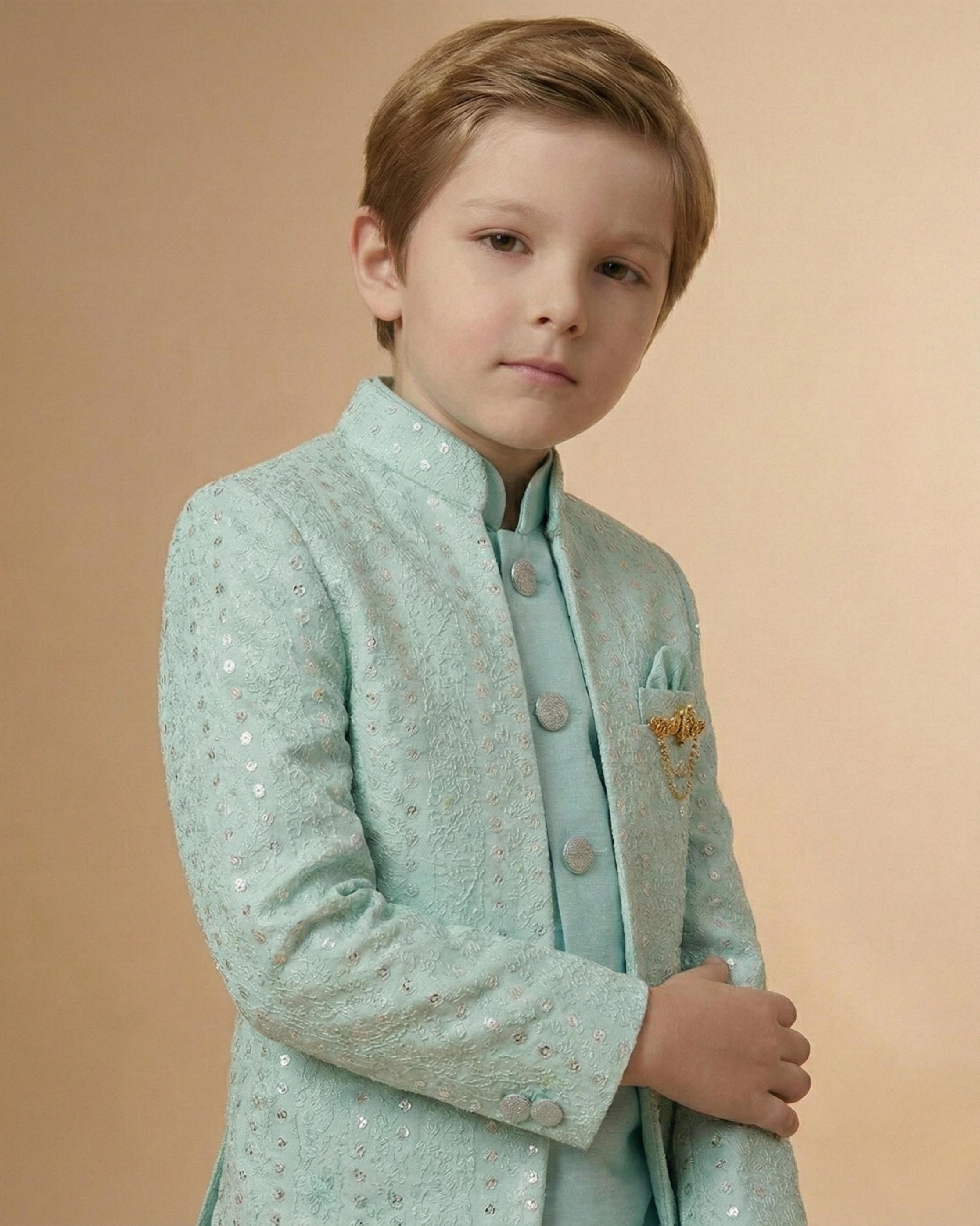 Kid's Indo Western Sea Green – Machine Embroidery Front Open Indo Jacket & Pant