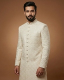 Royal Cream Sherwani with Collar Button Work