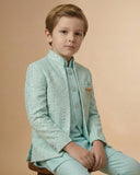 Kid's Indo Western Sea Green – Machine Embroidery Front Open Indo Jacket & Pant