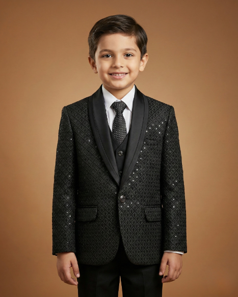 Kid's Suit Black – Machine Embroidery Plain Tuxedo Blazer, Waistcoat, Shirt, Tie & Pant