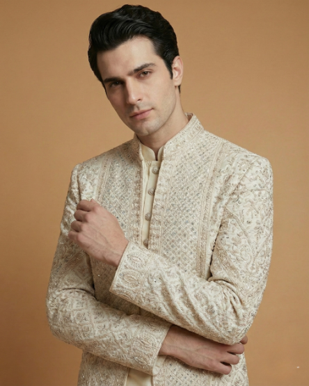 Graceful Cream Sherwani with Stone Touch-Up Front Open Style