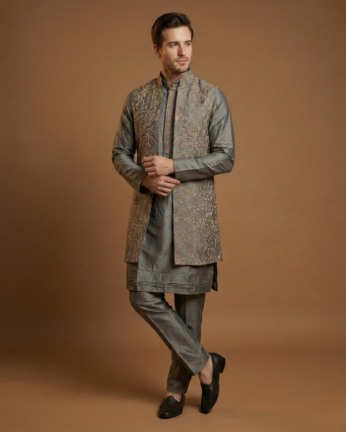 Semi Indo Grey – Machine Embroidery Plain Front Open Half Sleeves Indo, Kurta & Pant