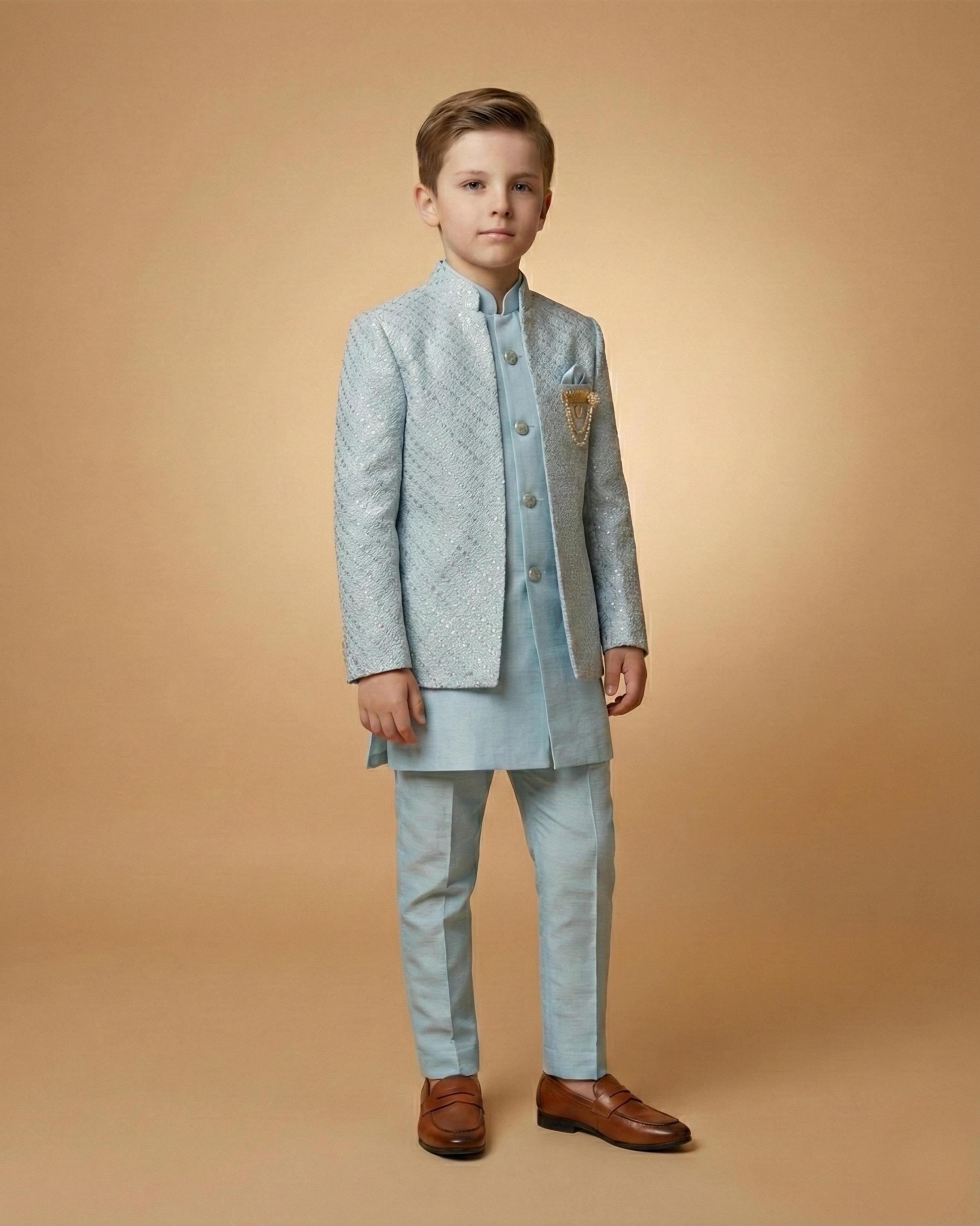 Kid's Indo Western Icy Blue – Machine Embroidery Front Open Indo Jacket & Pant